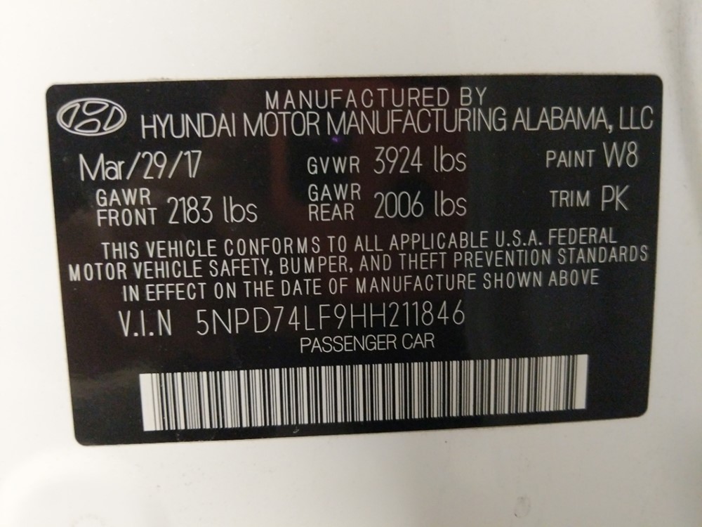 2017 Hyundai Elantra - VIN Plate