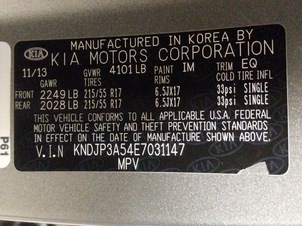 2014 Kia Soul - VIN Plate