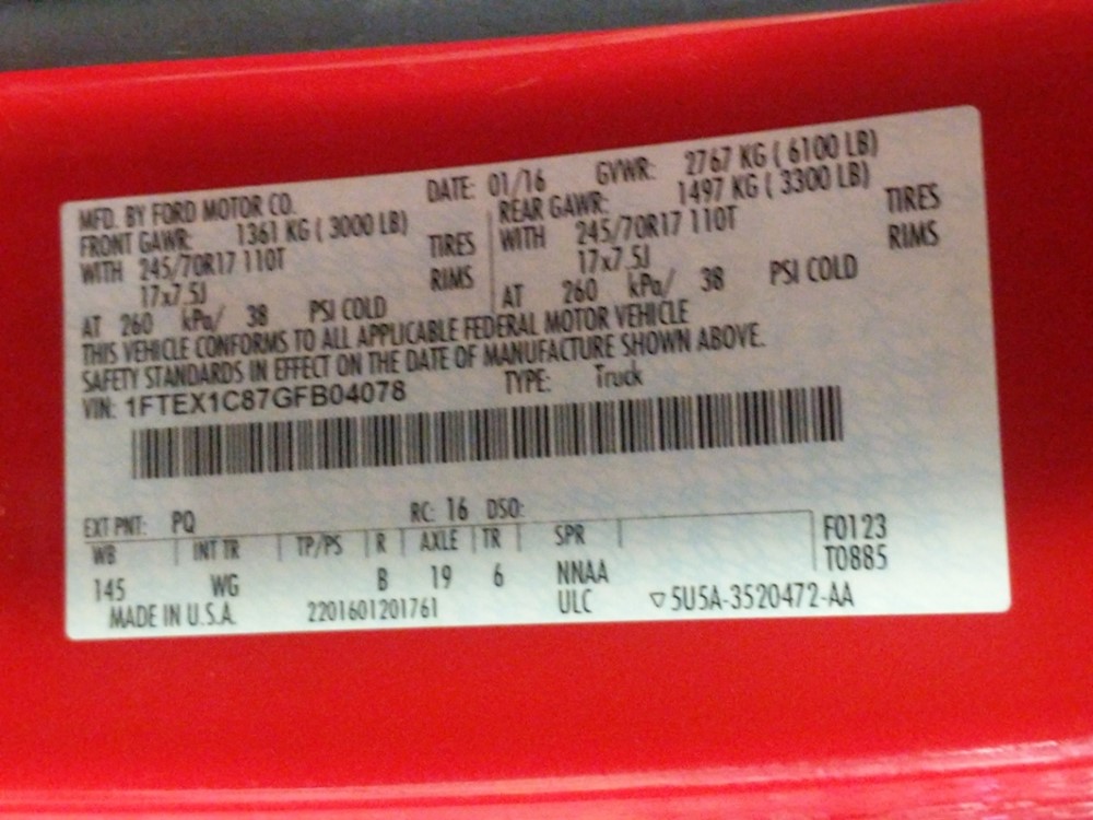 2016 Ford F-150 - VIN Plate