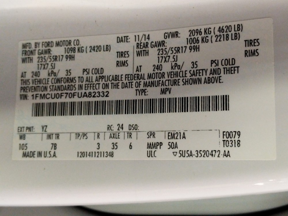 2015 Ford Escape - VIN Plate