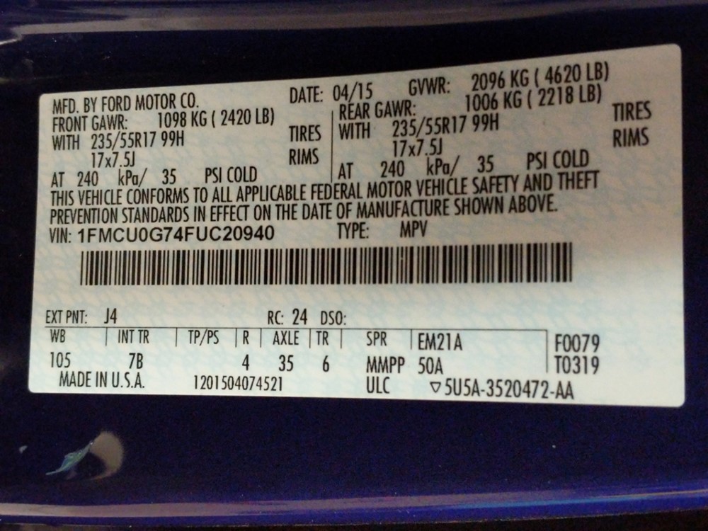2015 Ford Escape - VIN Plate