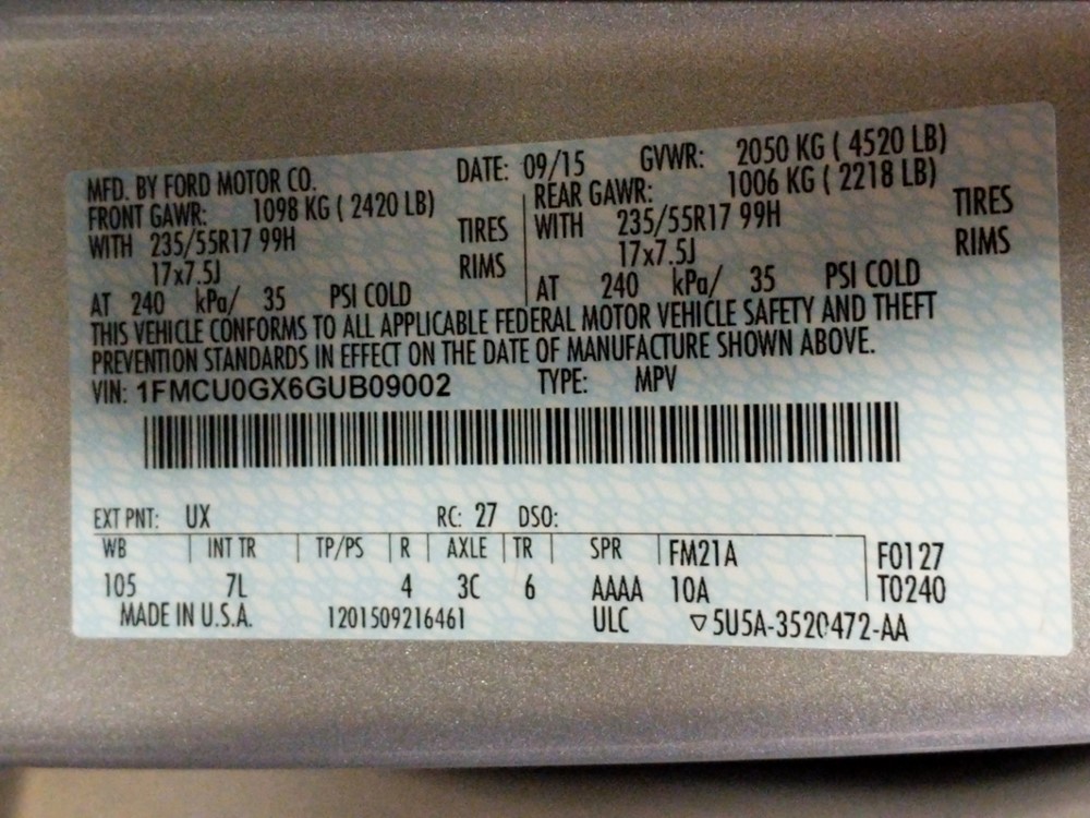 2016 Ford Escape - VIN Plate