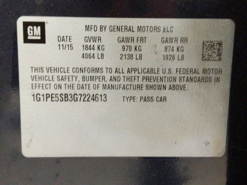 2016 Chevrolet Cruze - VIN Plate