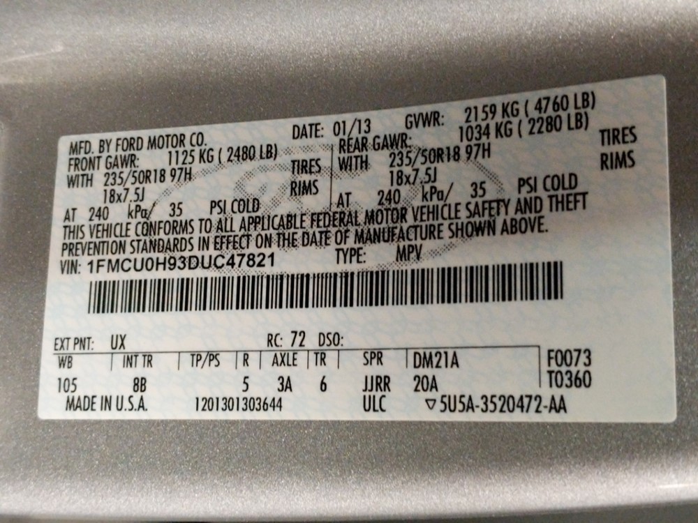 2013 Ford Escape - VIN Plate