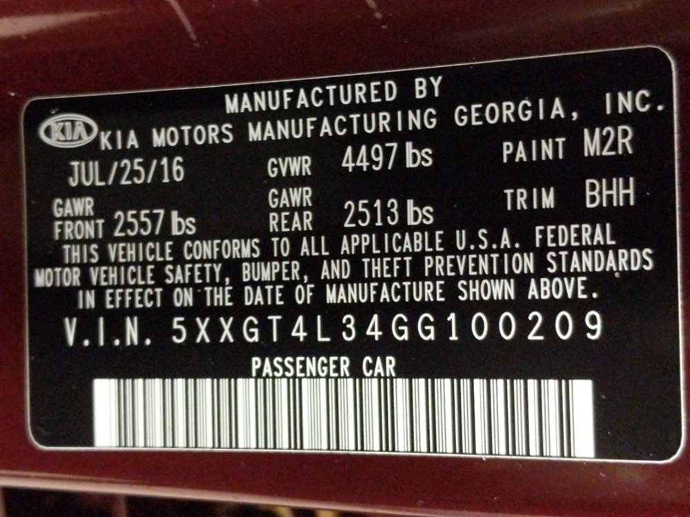 2016 Kia Optima - VIN Plate