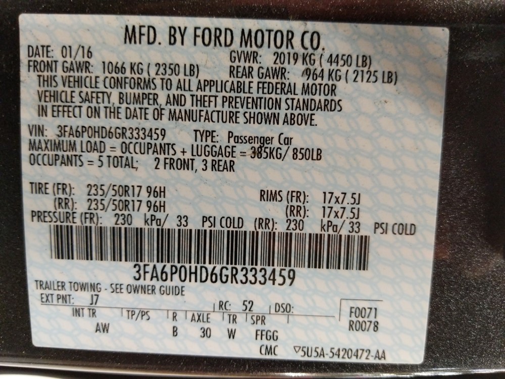 2016 Ford Fusion - VIN Plate