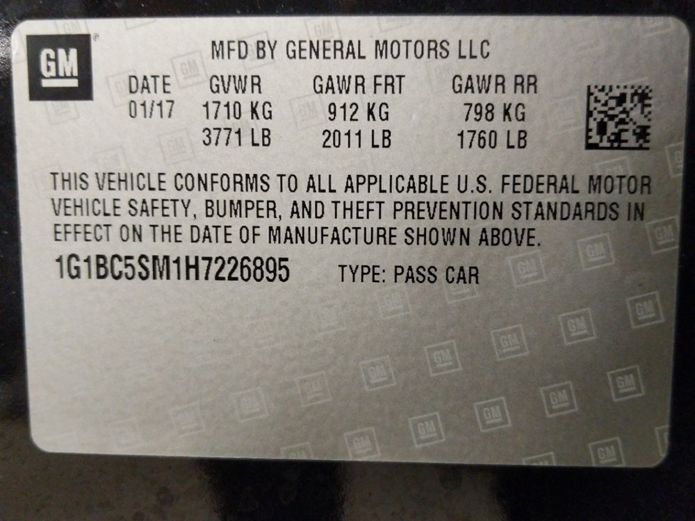 2017 Chevrolet Cruze - VIN Plate