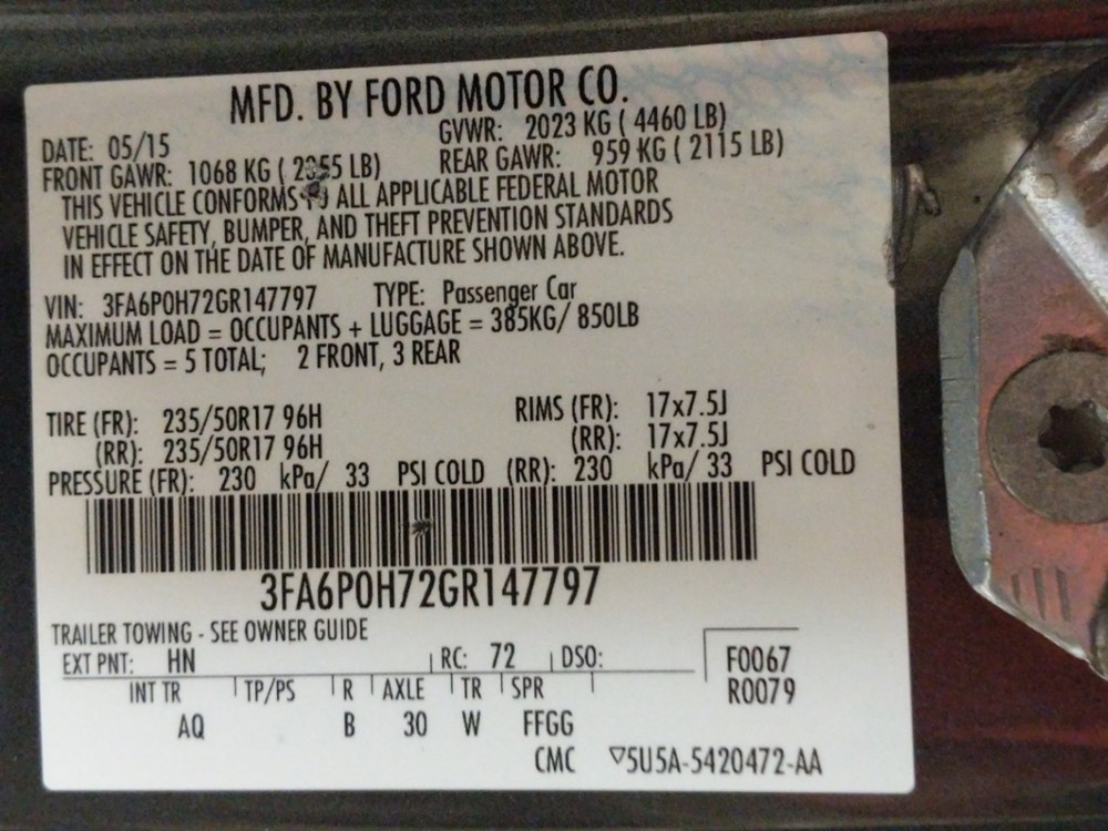 2016 Ford Fusion - VIN Plate