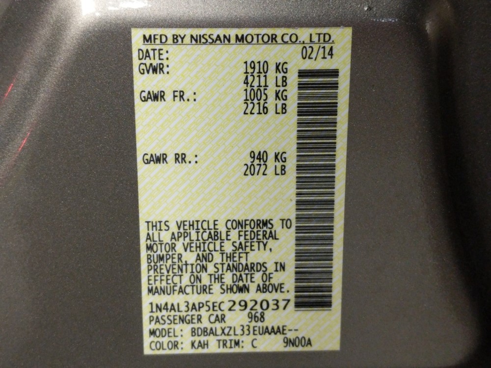 2014 Nissan Altima - VIN Plate