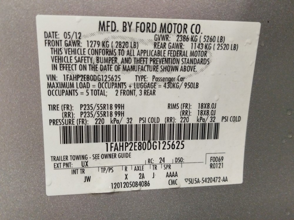 2013 Ford Taurus - VIN Plate