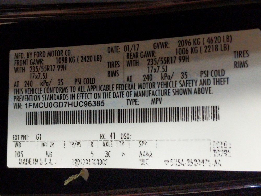2017 Ford Escape - VIN Plate