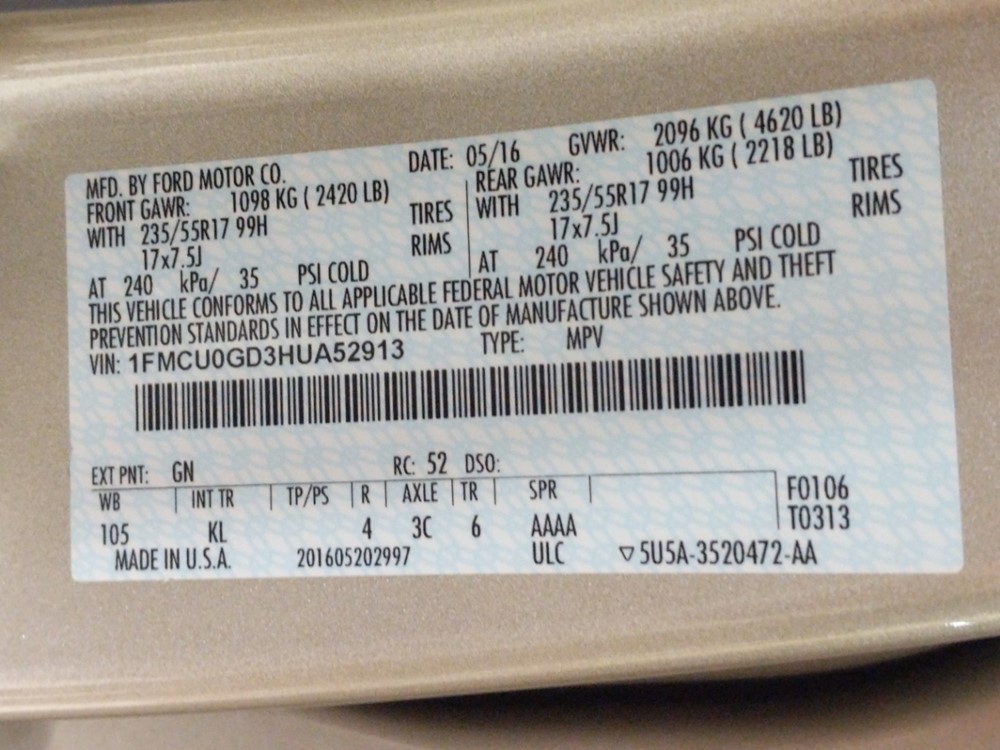 2017 Ford Escape - VIN Plate