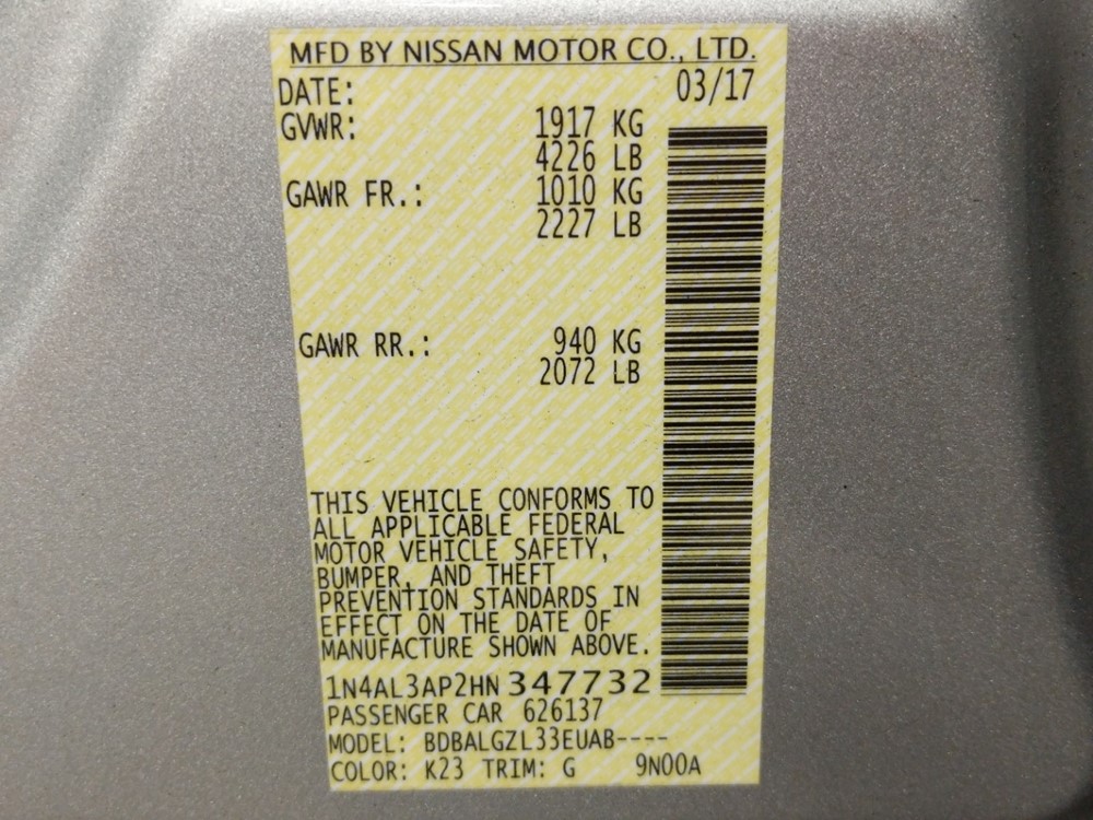 2017 Nissan Altima - VIN Plate