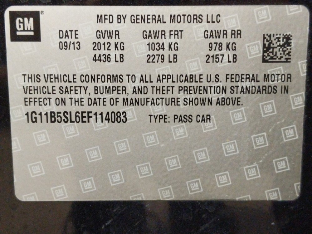 2014 Chevrolet Malibu - VIN Plate