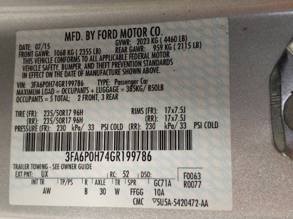 2016 Ford Fusion - VIN Plate
