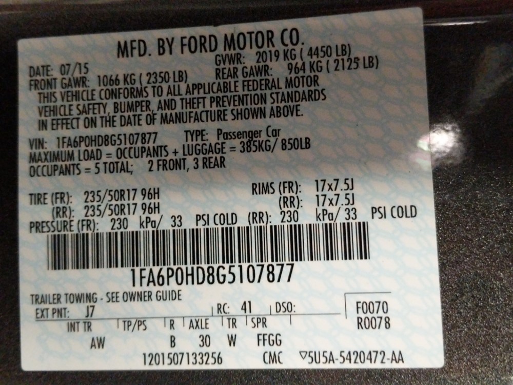 2016 Ford Fusion - VIN Plate