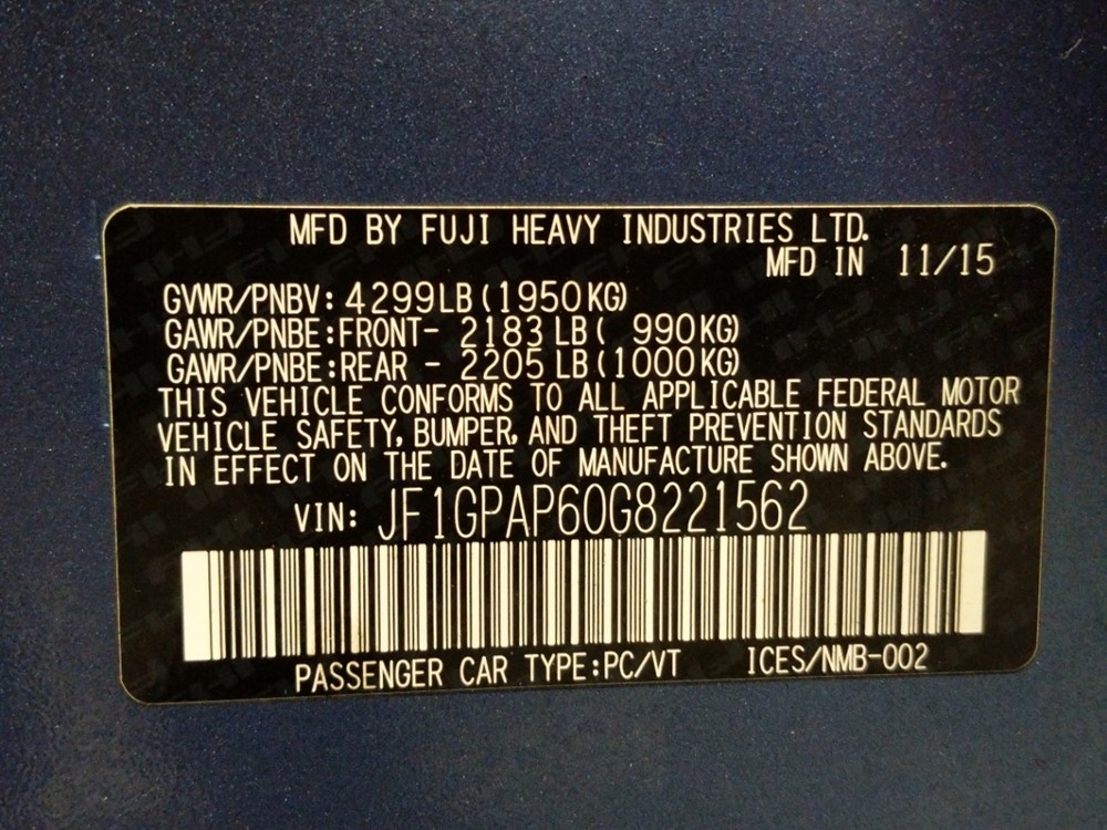 2016 Subaru Impreza - VIN Plate