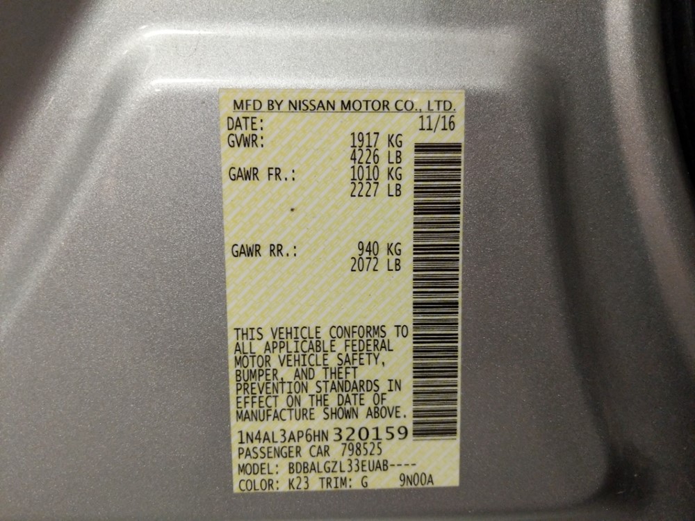 2017 Nissan Altima - VIN Plate