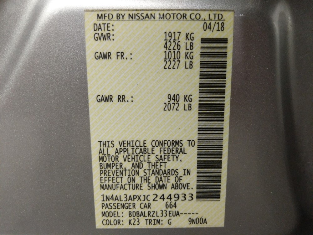 2018 Nissan Altima - VIN Plate