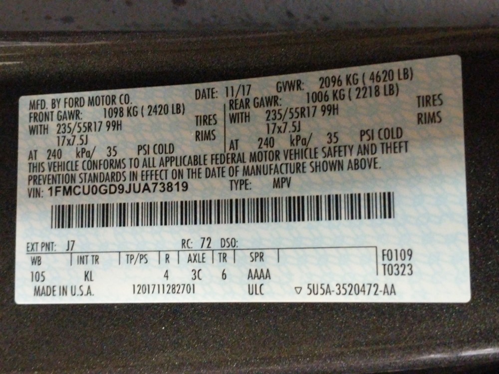 2018 Ford Escape - VIN Plate