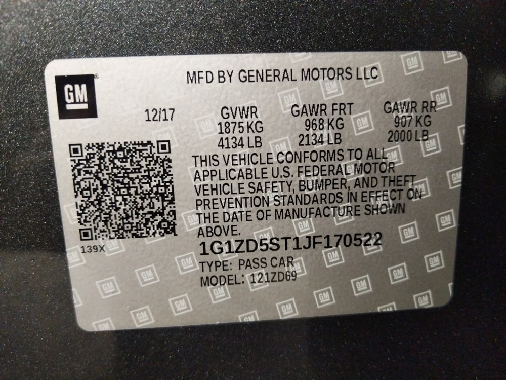 2018 Chevrolet Malibu - VIN Plate