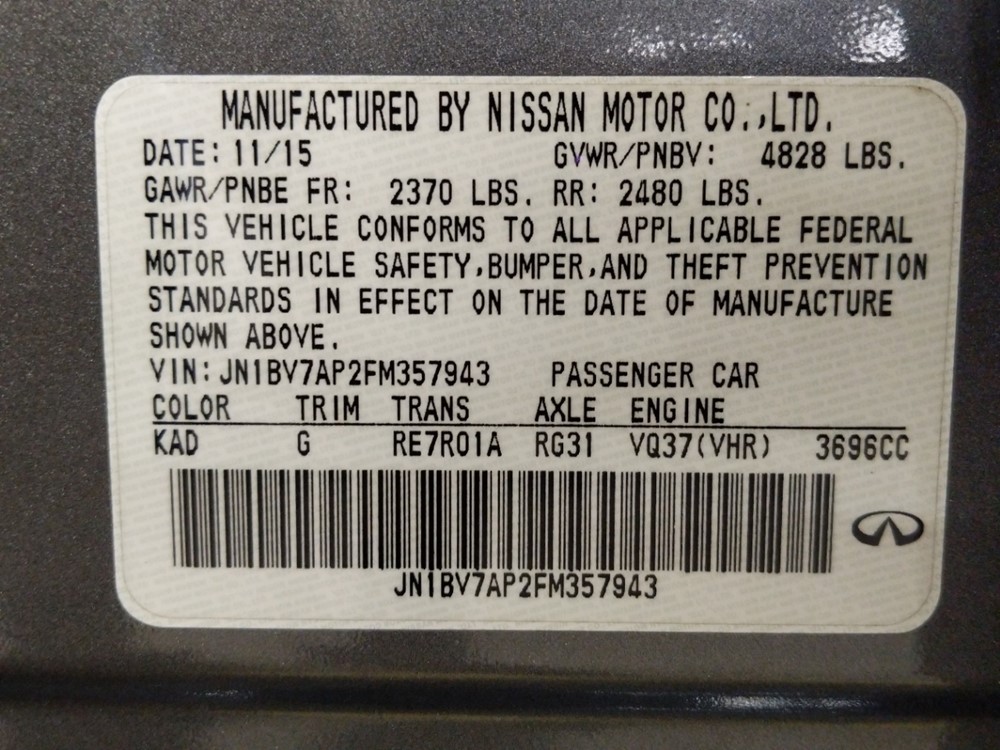 2015 INFINITI Q50 - VIN Plate