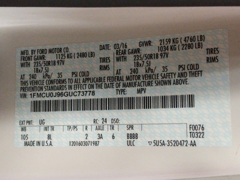 2016 Ford Escape - VIN Plate