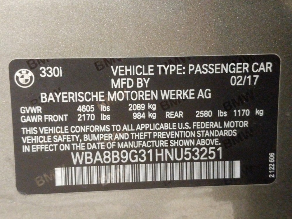 2017 BMW 330i - VIN Plate