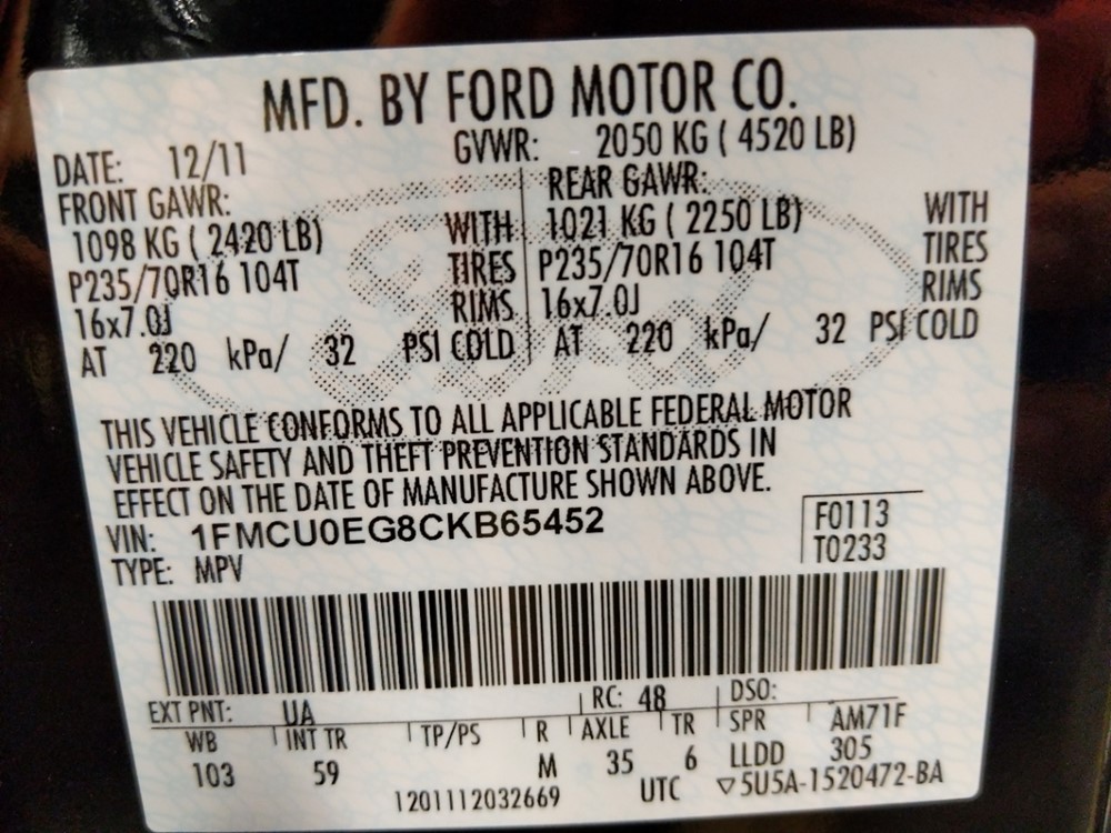 2012 Ford Escape - VIN Plate