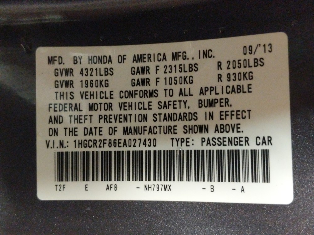 2014 Honda Accord - VIN Plate