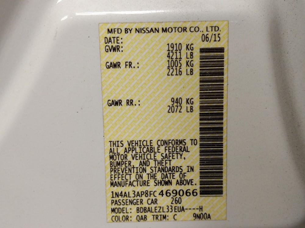 2015 Nissan Altima - VIN Plate