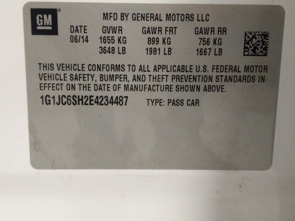 2014 Chevrolet Sonic - VIN Plate