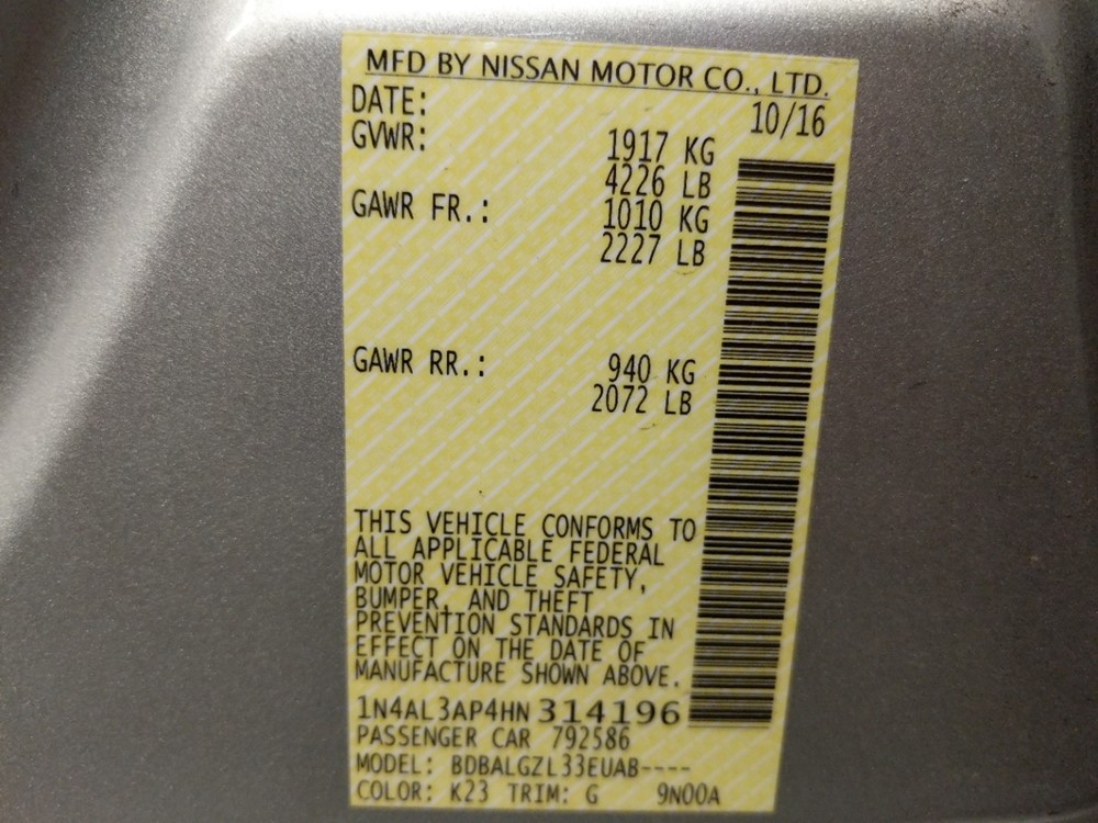 2017 Nissan Altima - VIN Plate
