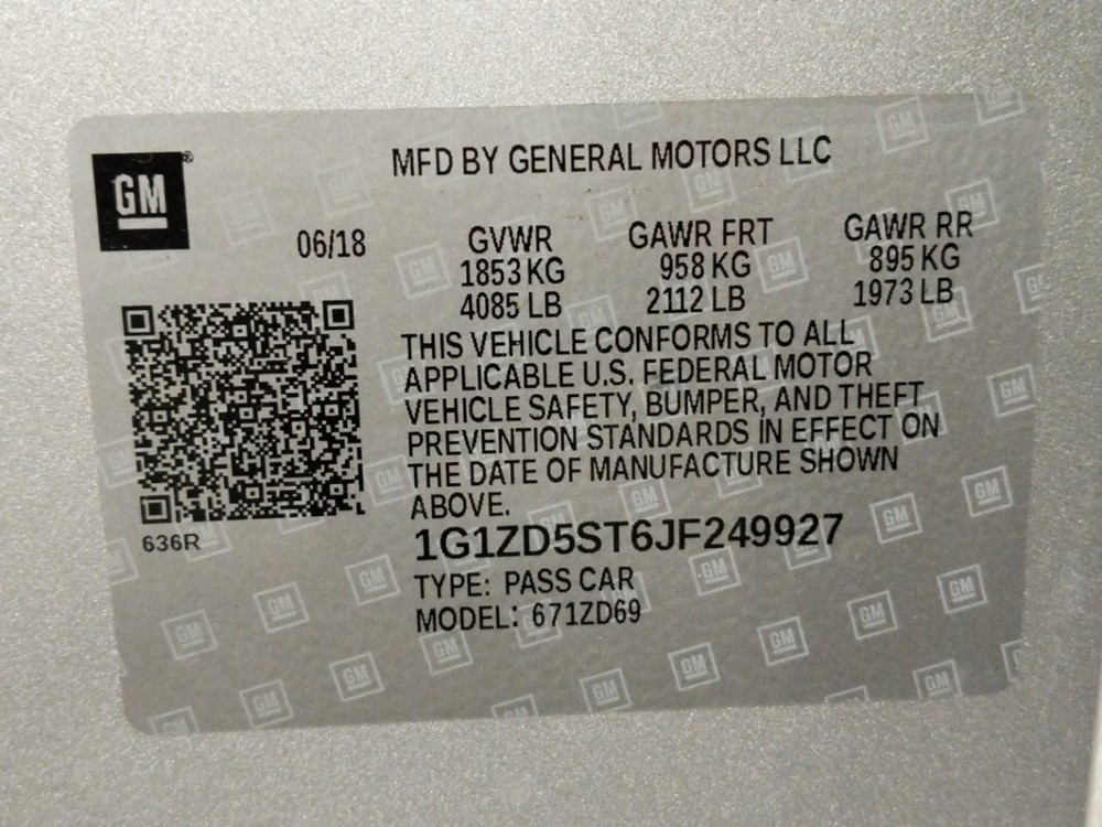 2018 Chevrolet Malibu - VIN Plate