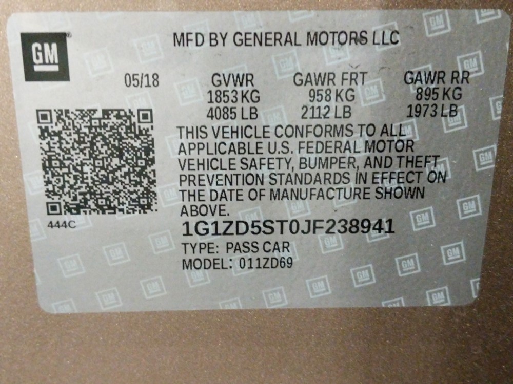 2018 Chevrolet Malibu - VIN Plate
