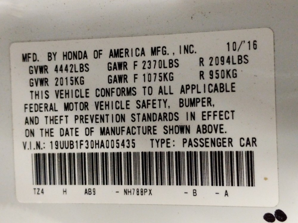 2017 Acura TLX - VIN Plate