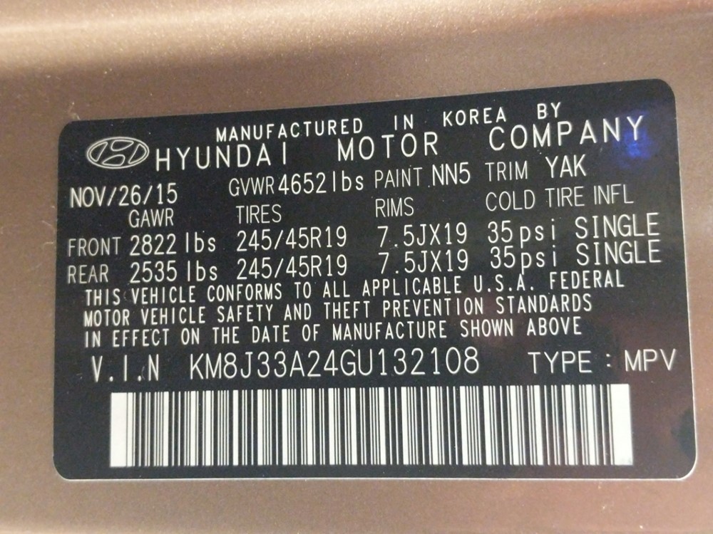 2016 Hyundai Tucson - VIN Plate