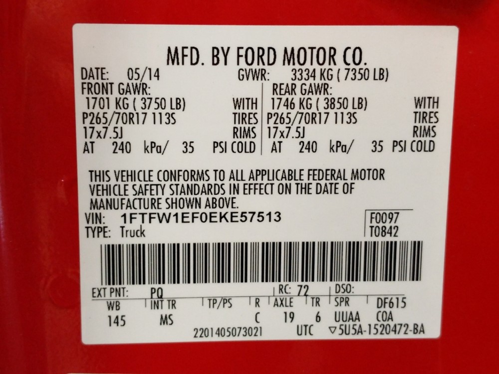 2014 Ford F-150 - VIN Plate