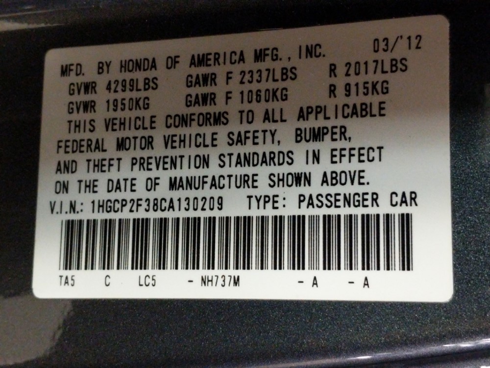2012 Honda Accord - VIN Plate