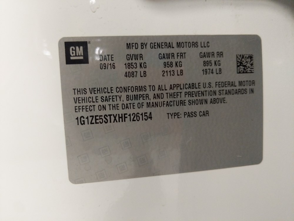 2017 Chevrolet Malibu - VIN Plate