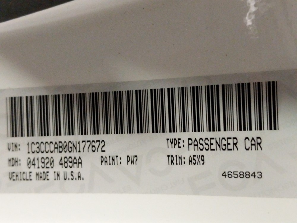 2016 Chrysler 200 - VIN Plate