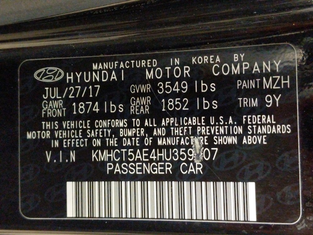 2017 Hyundai Accent - VIN Plate