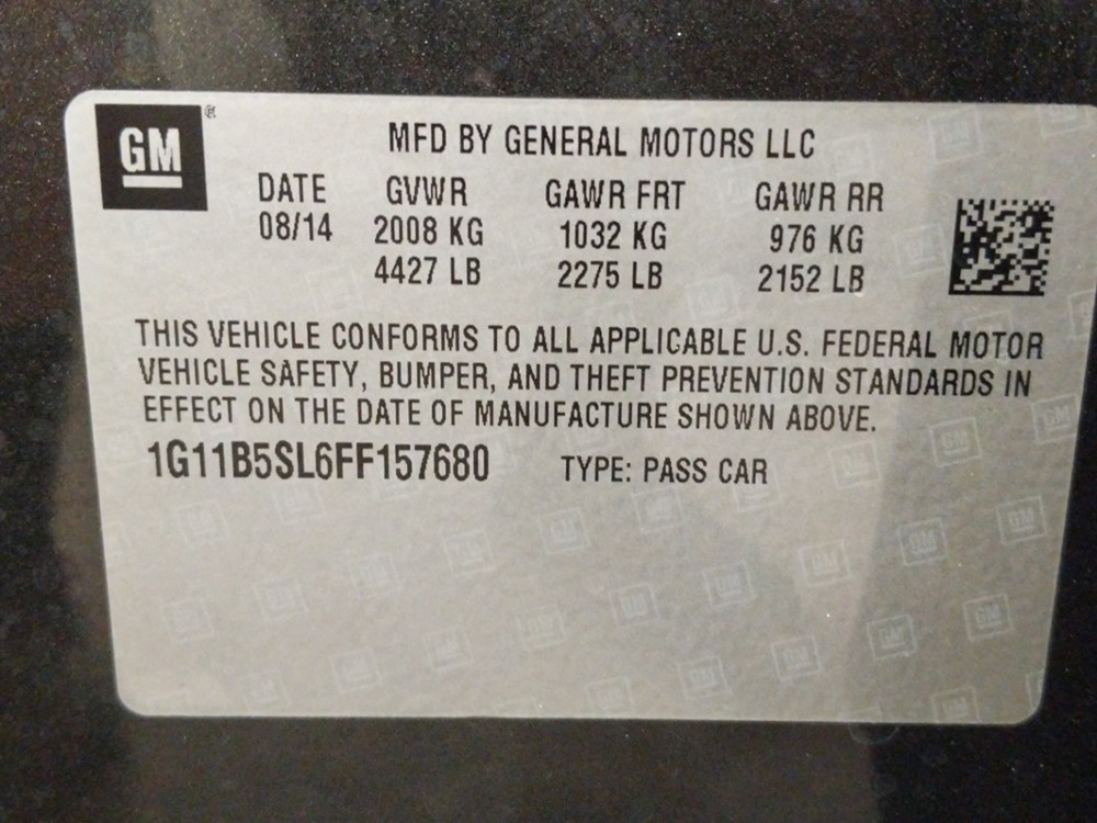 2015 Chevrolet Malibu - VIN Plate