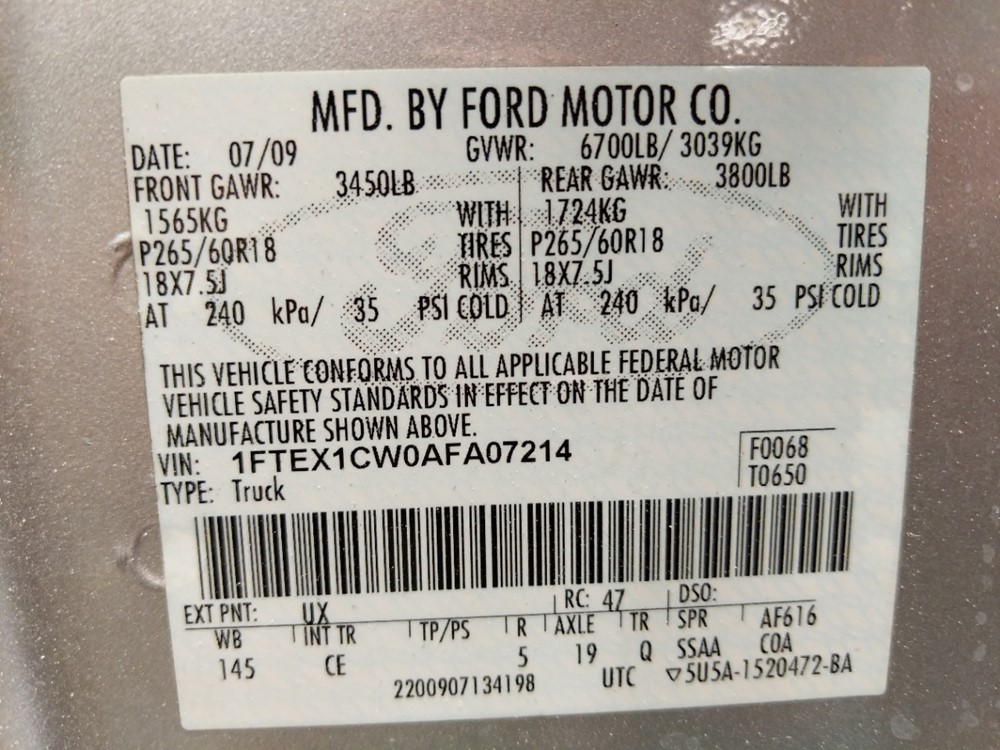 2010 Ford F-150 - VIN Plate