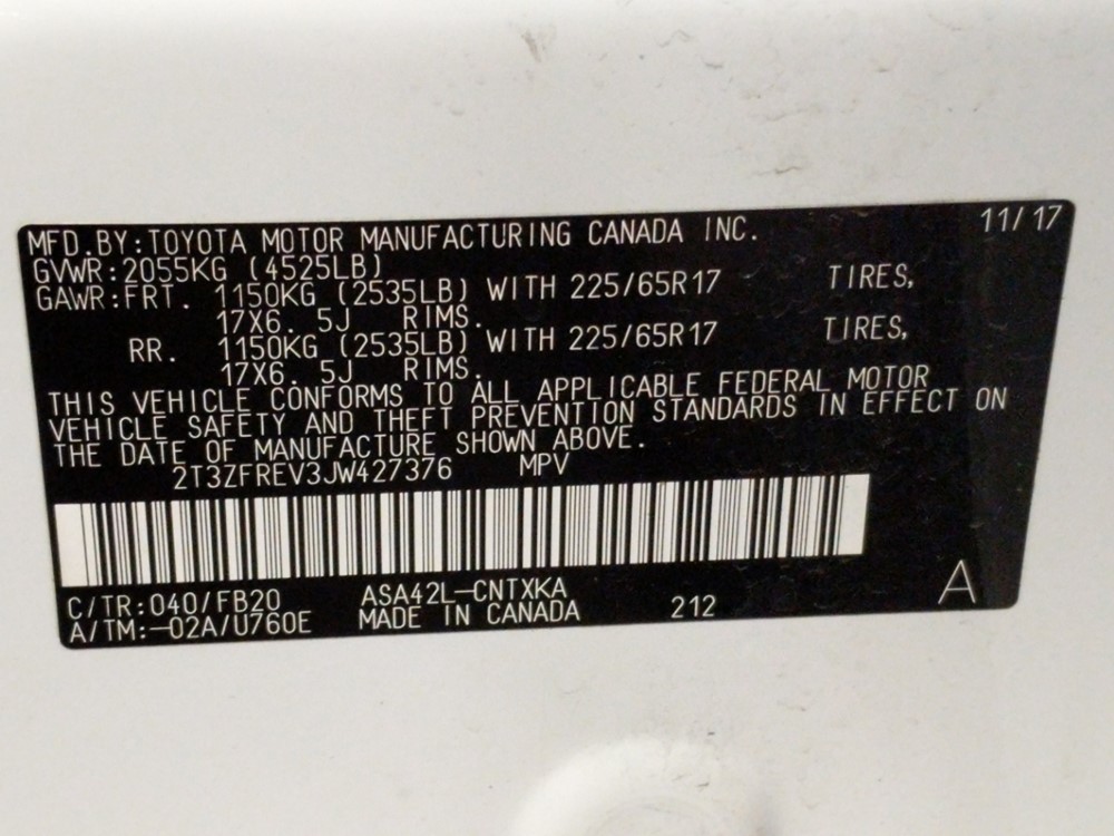 2018 Toyota RAV4 - VIN Plate