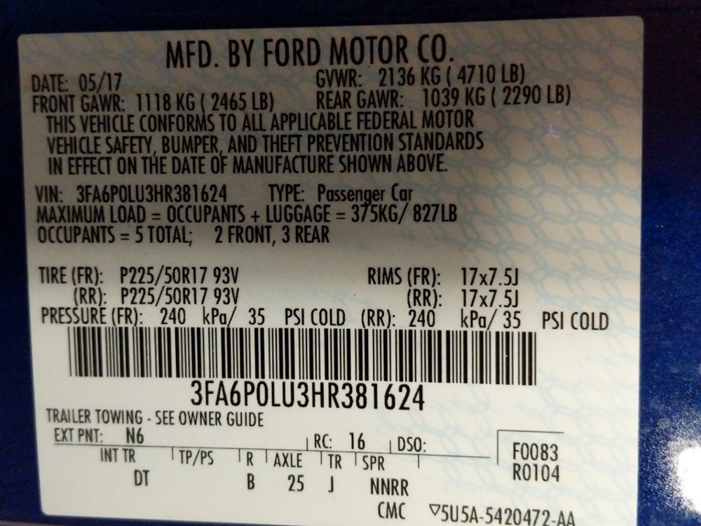 2017 Ford Fusion - VIN Plate