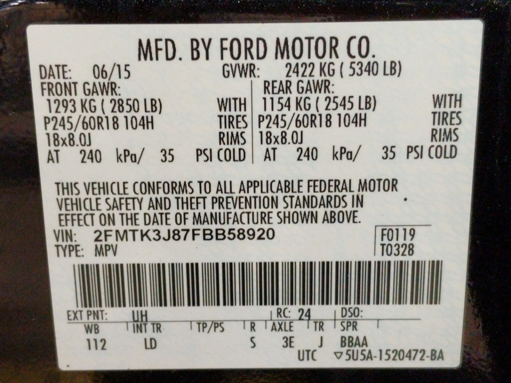 2015 Ford Edge - VIN Plate