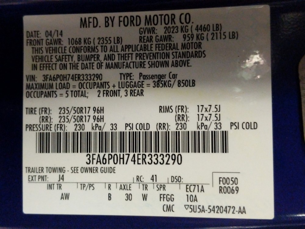 2014 Ford Fusion - VIN Plate