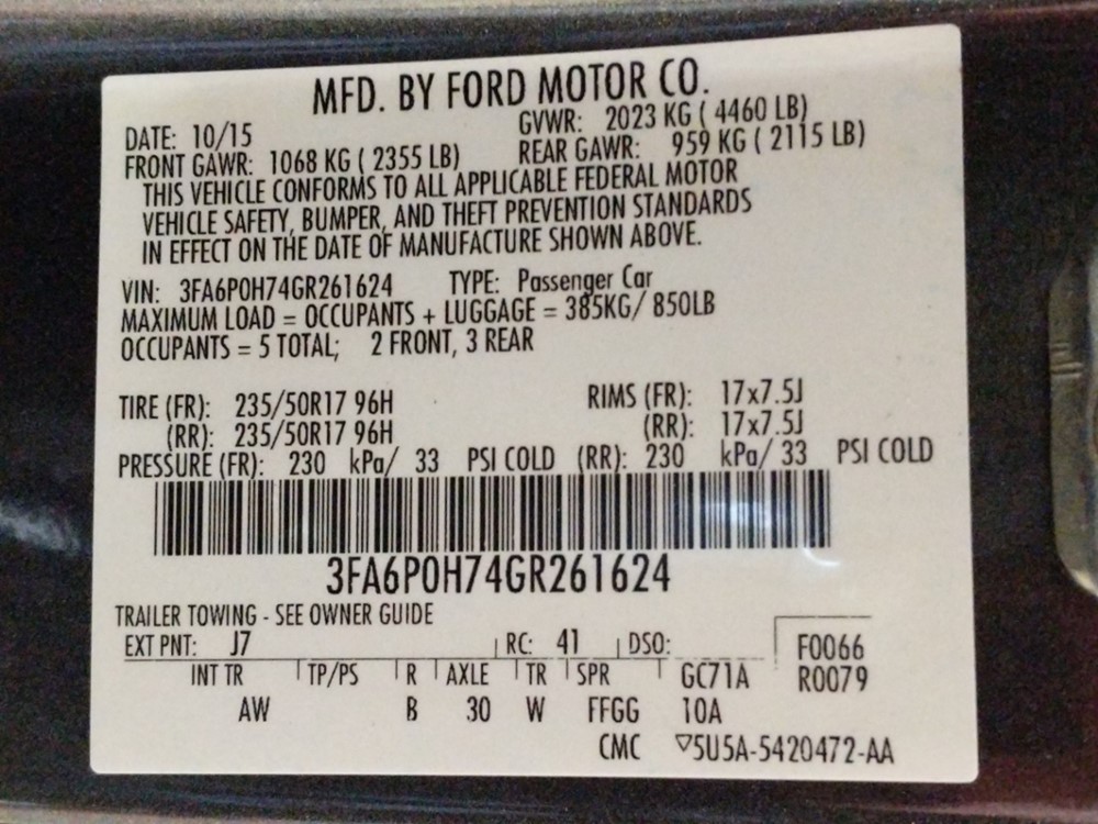 2016 Ford Fusion - VIN Plate