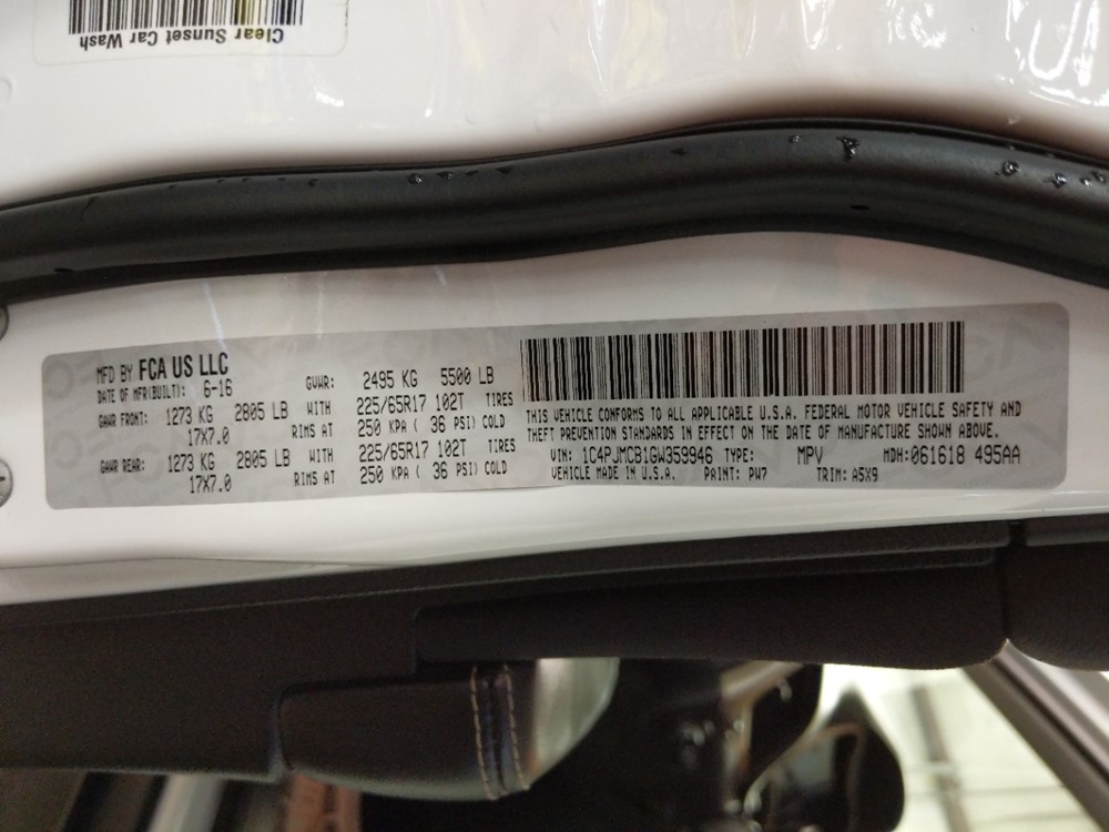 2016 Jeep Cherokee - VIN Plate
